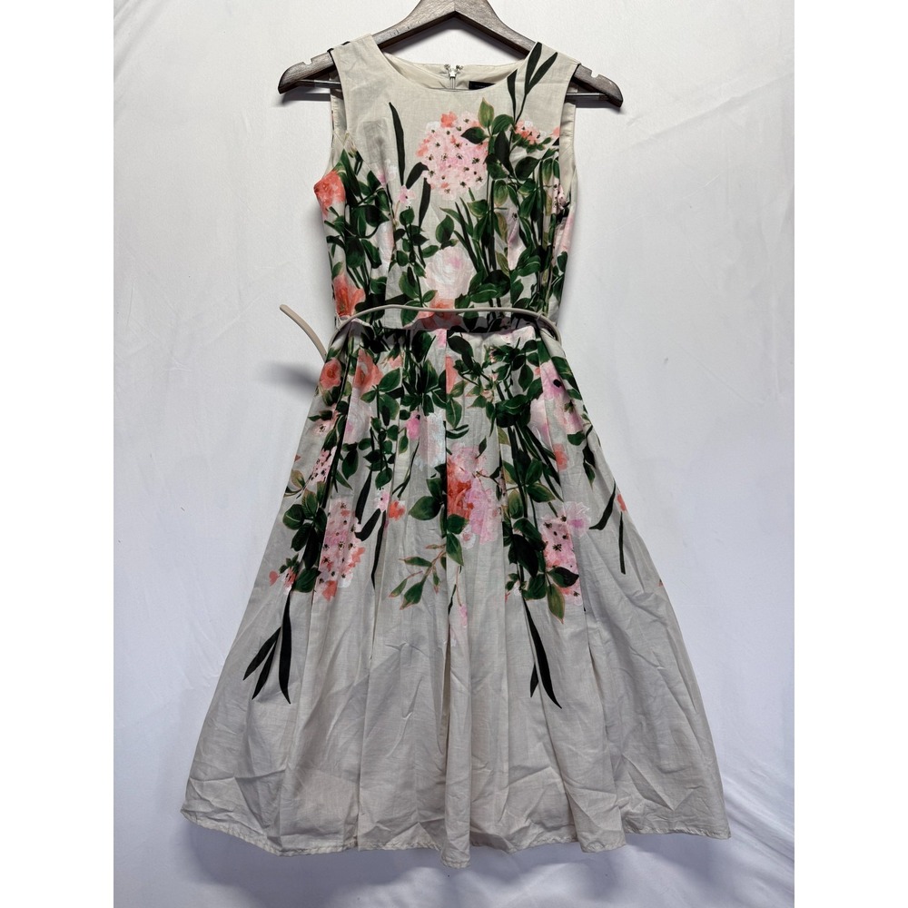Tommy Hilfiger Fit & Flare Dress Women 2 Multicolor Floral Print Back Zip Belted